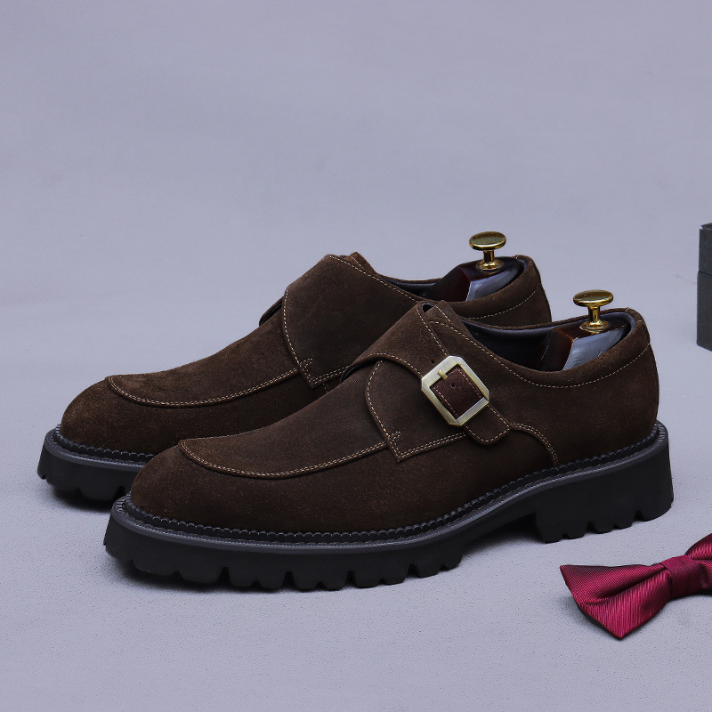 Giày loafer nam da bò lộn mũi tròn khóa cổ điển đế dày tăng chiều cao — đen, màu nâu mocha