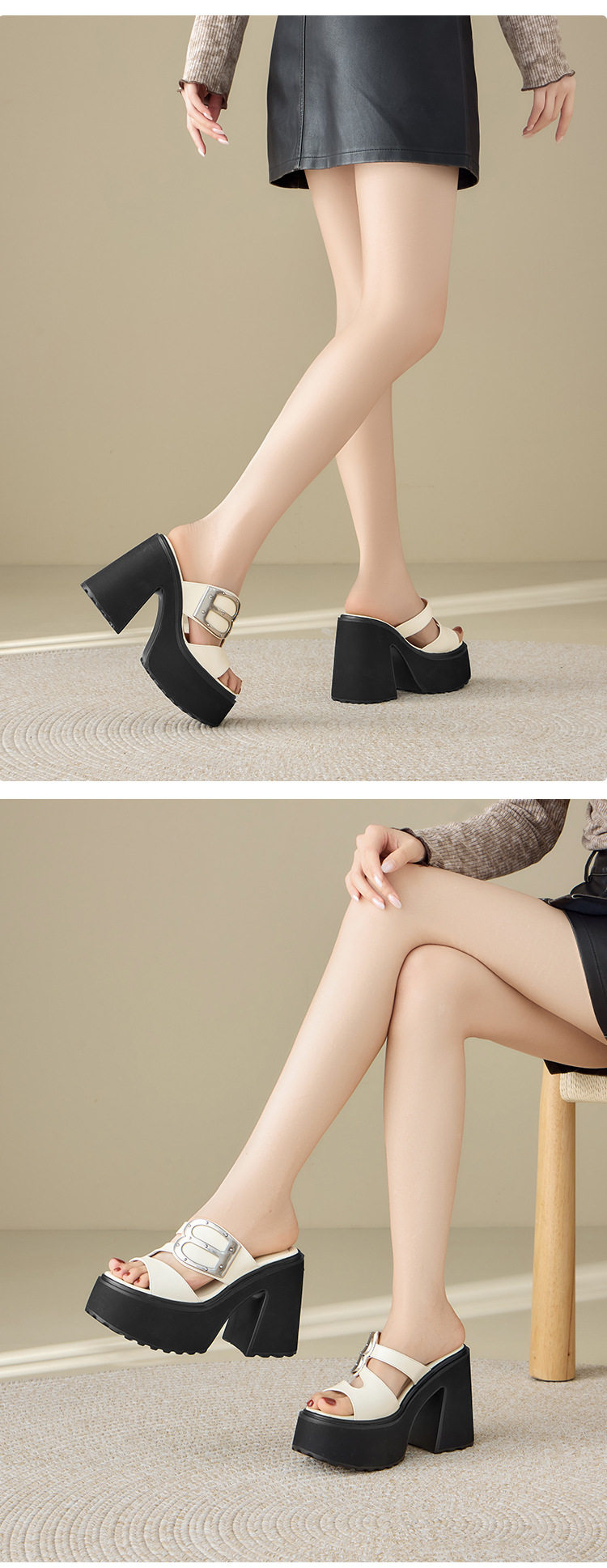 Dép sandal nữ quai chữ V da bò thật mũi hở đế bệt — Trắng bạc, Đen chi tiết 6