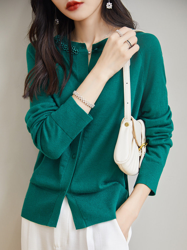 精细美丽诺羊毛针织衫开衫女2023新款时尚长袖毛衣外搭小众空调房