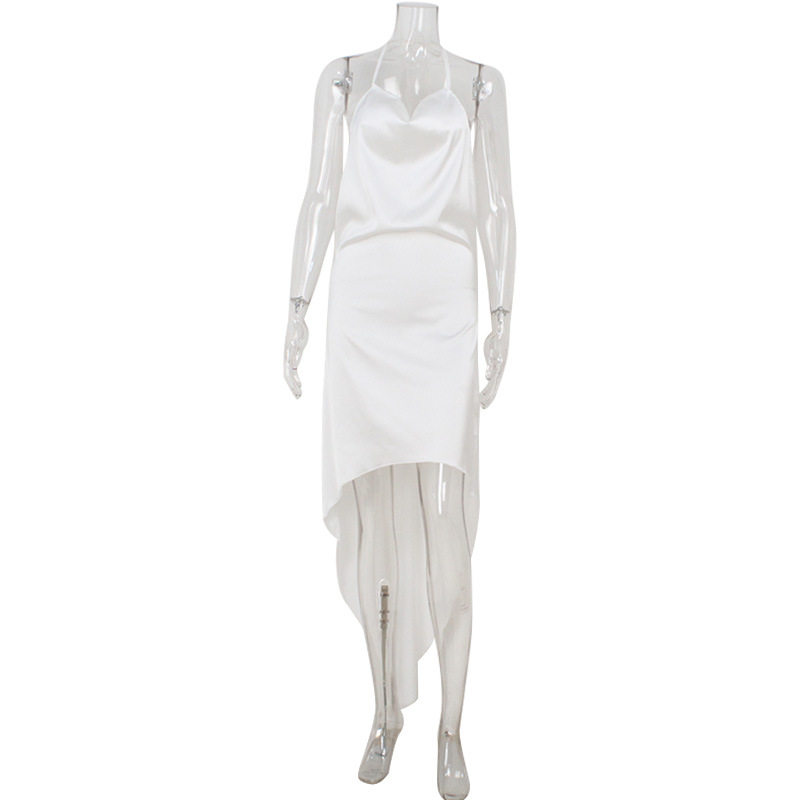 Spring Womens Dress Elegant Satin Fabric Sleeveless High Low Hem Backless Design Perfect for Parties and Events