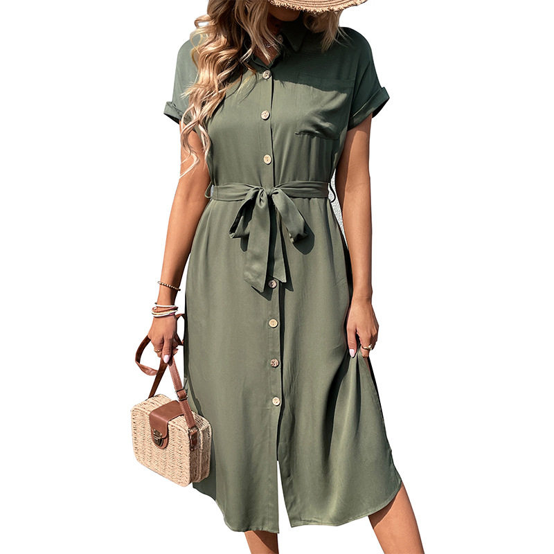 Summer Shirt Dress Vintage Style Simple Design Solid Color Side Slit Casual Wear for Women Wholesale Available