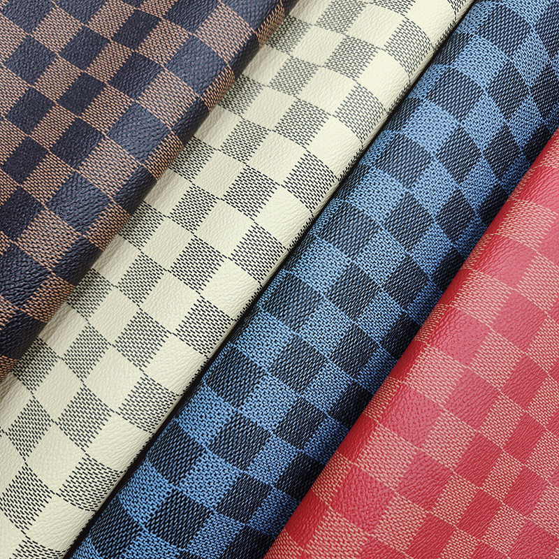 Printed Checkerboard Leather 0.6mm Knitted Bottom Old Flower Plaid PVC Leather Bag Jewelry Packaging Fabric