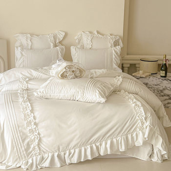 Wholesale Ins Korean Skin-Friendly Soft Pure Color Washed Cotton Four-Piece Princess Style Lotus Leaf Lace 4-Piece Set