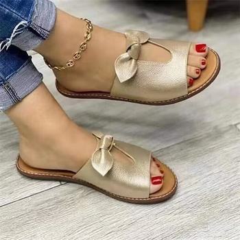 2025 Summer New European and Foreign Trade Large Size Round Toe Flat Slippers for Women with Bow Open Toe Casual Slippers