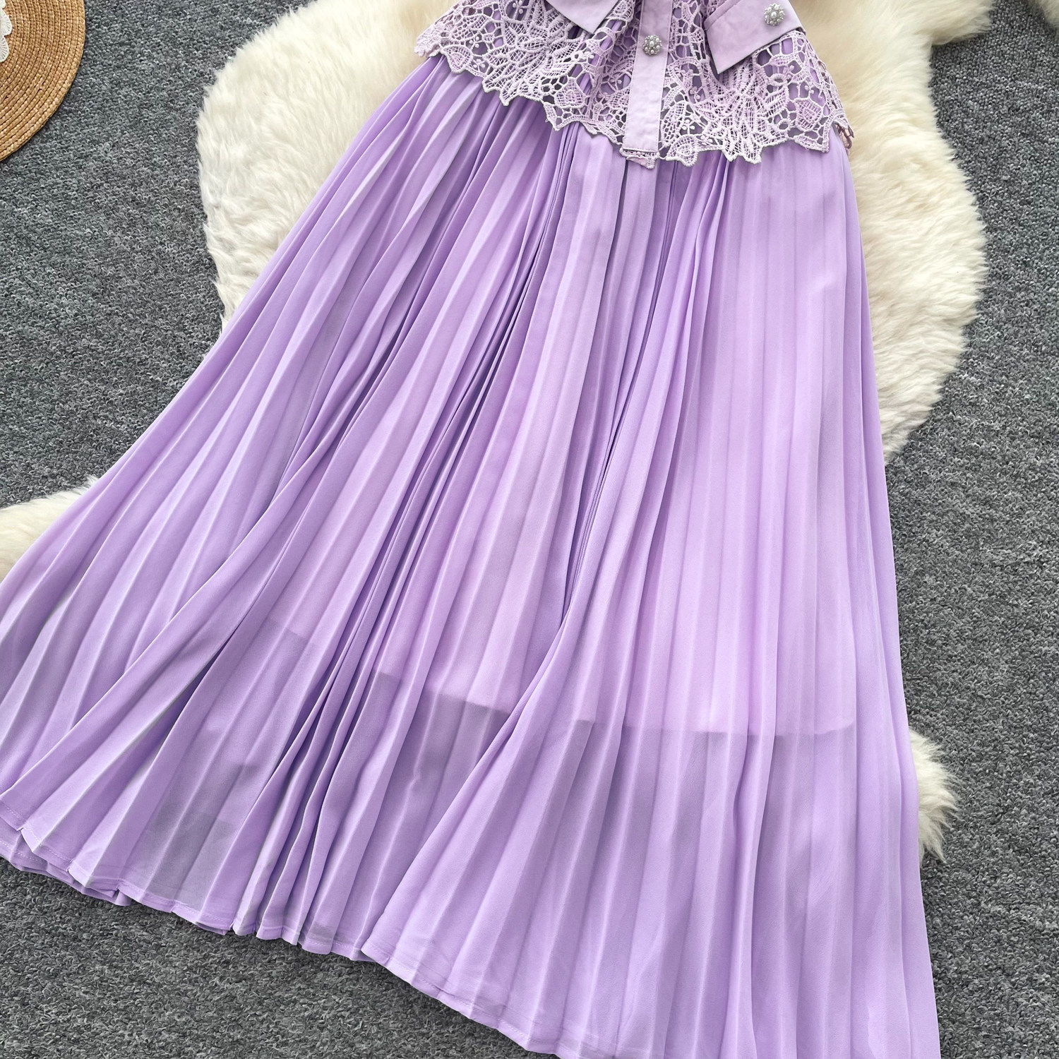 A Line Lace Panel Dress Summer Waist Defining Pleated Elegant Perfect for Work or Casual Occasions Wholesale
