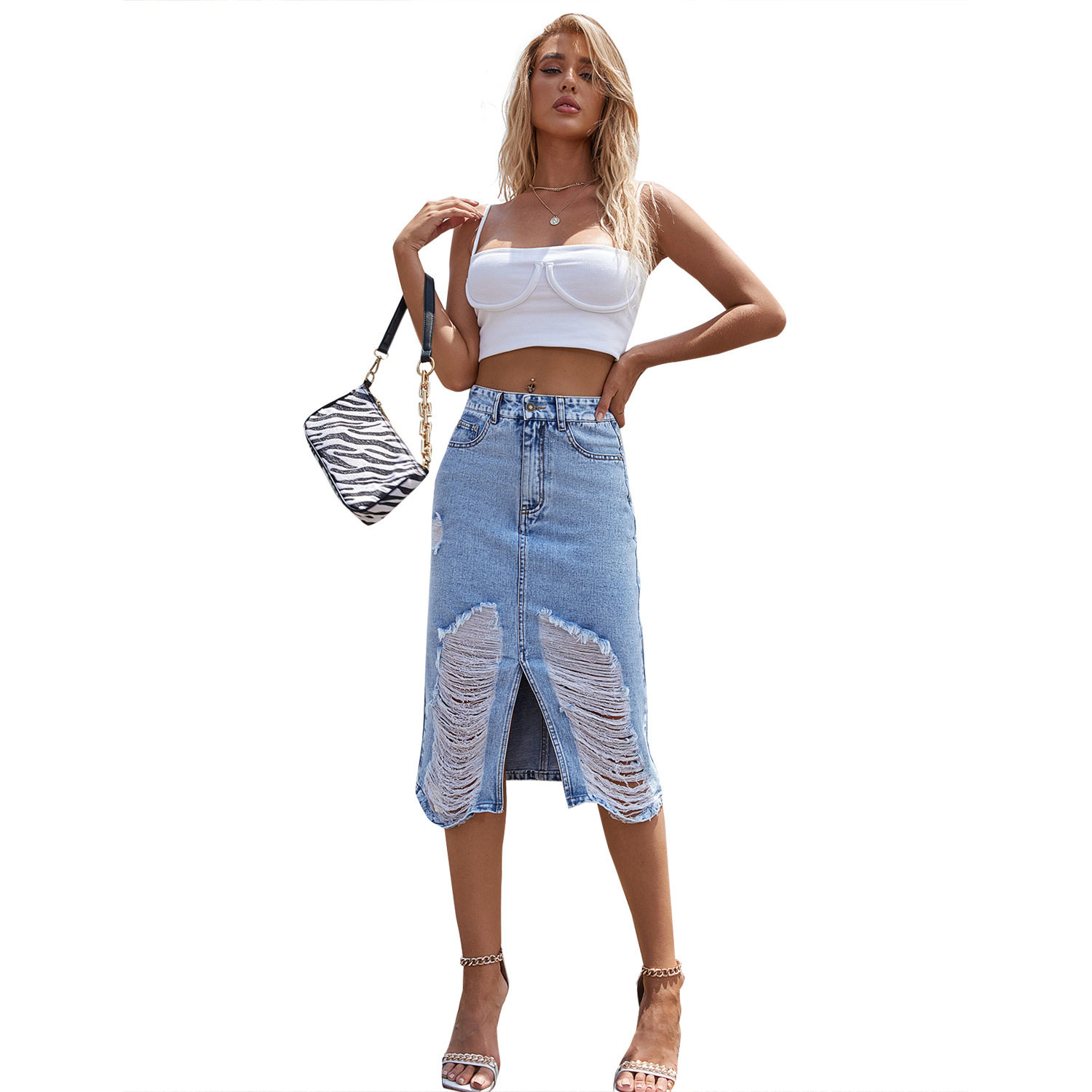 High Waisted Distressed Denim Skirt Vintage Style Slim Fit Unique Design Casual Wear Summer Fashion Wholesale