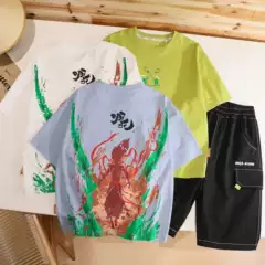 2025 New Summer Style Nezha Series Trendyy T-Shirt Big Children's Suit Loose Short-Sleeved Pure Cotton Cropped Pants Suit Two Pieces