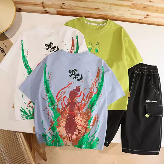2025 New Summer Style Nezha Series Trendyy T-Shirt Big Children's Suit Loose Short-Sleeved Pure Cotton Cropped Pants Suit Two Pieces