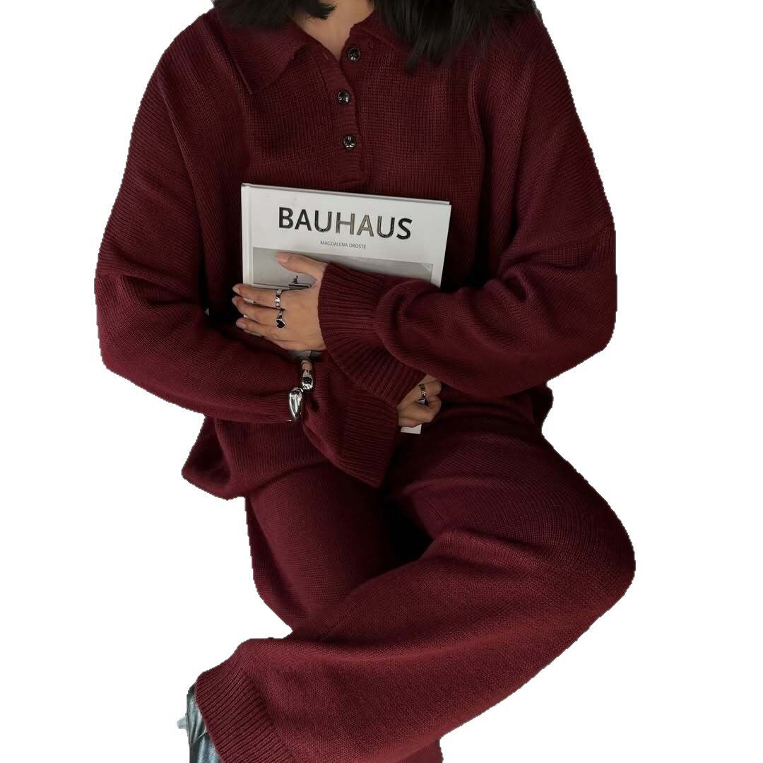 Womens Autumn Winter Solid Color Polo Neck Sweater Set Loose Fit Knit Sweater and Wide Leg Pants Casual Wear Wholesale