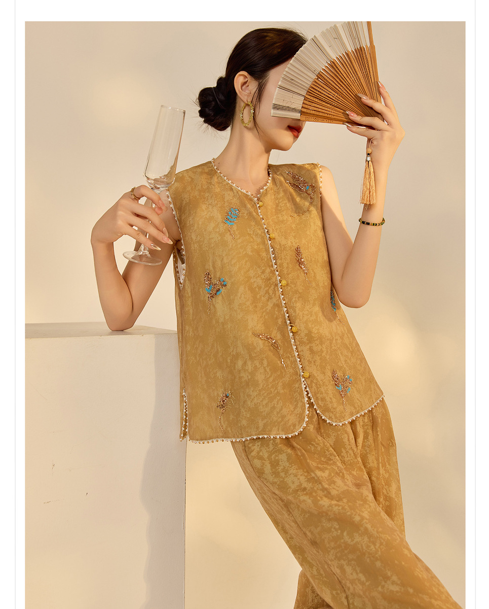 Set gile thêu đính cườm kèm quần dài nữ phong cách thanh lịch — Quần dài màu mơ, Quần dài màu xanh lục, Gi lê màu hồng, Gi lê màu xanh lục
