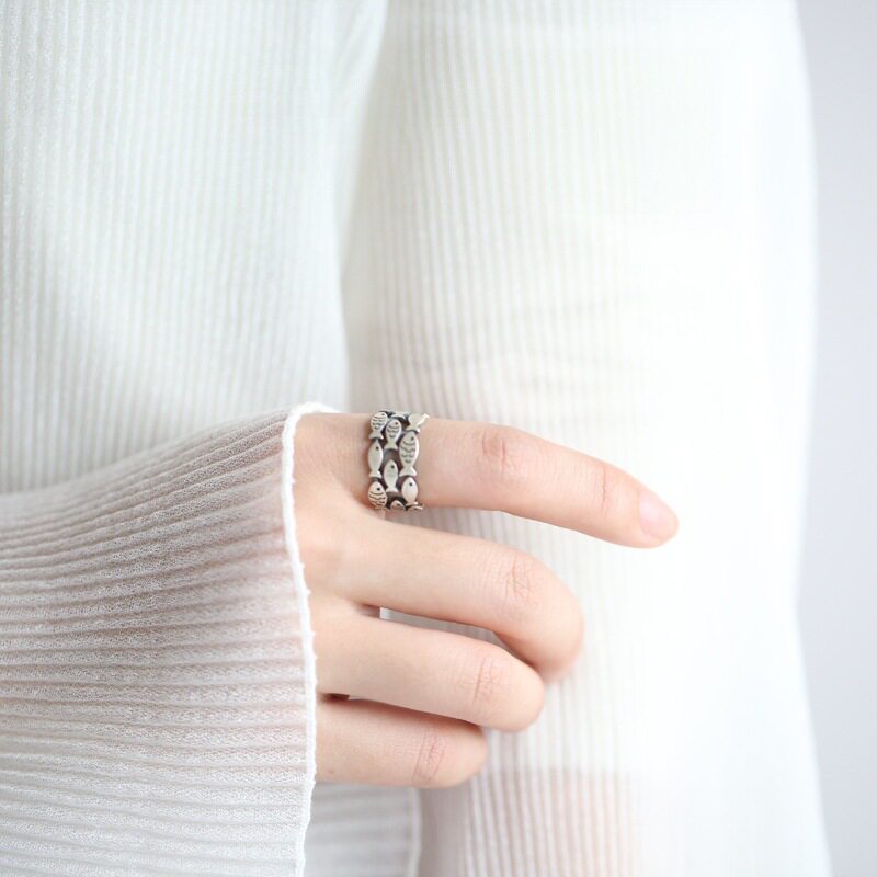 曾太太萌小鱼可爱游鱼纯银s925手工戒指开口可调节指环生日礼物女