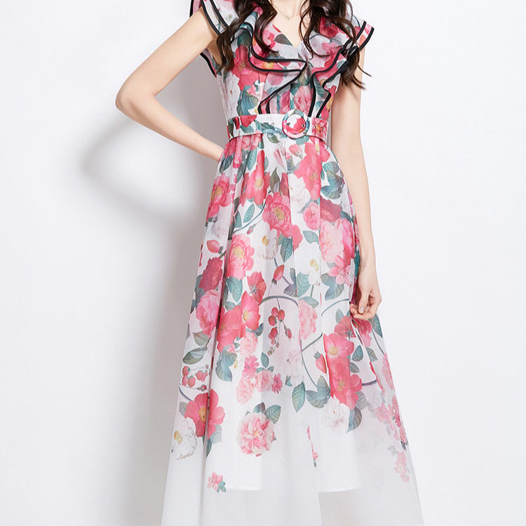 Elegant Summer Dress for Women Ruffled Hem V Neck Waist Defining Floral Print Flowy Maxi Perfect for Parties and