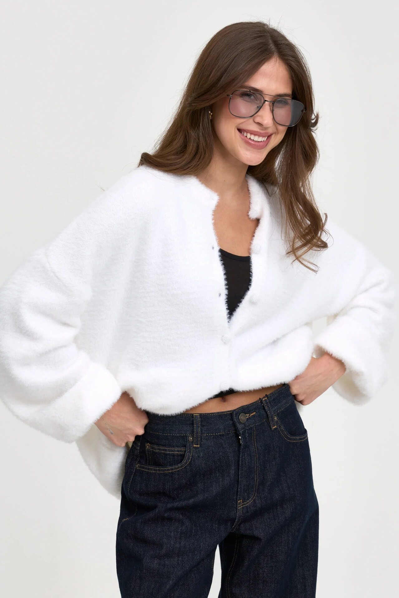 Womens Oversized Knit Cardigan Soft Faux Fur Round Neck Casual Style Versatile Sweater for Everyday Wear Wholesale