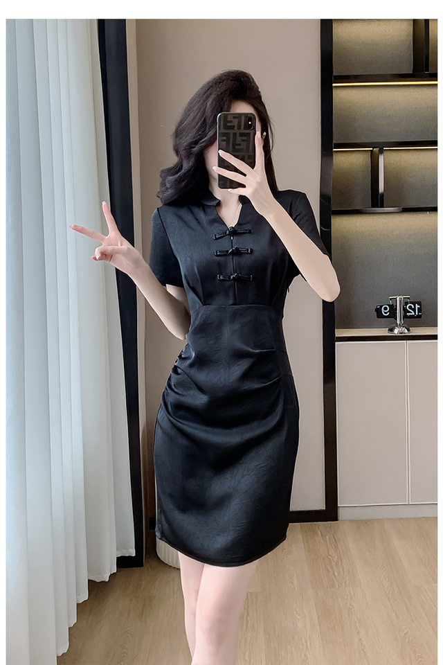 Váy Đầm Nữ Dáng Ôm Chiết Eo Phong Cách Trung Hoa Cổ Điển Màu Đen chi tiết 24