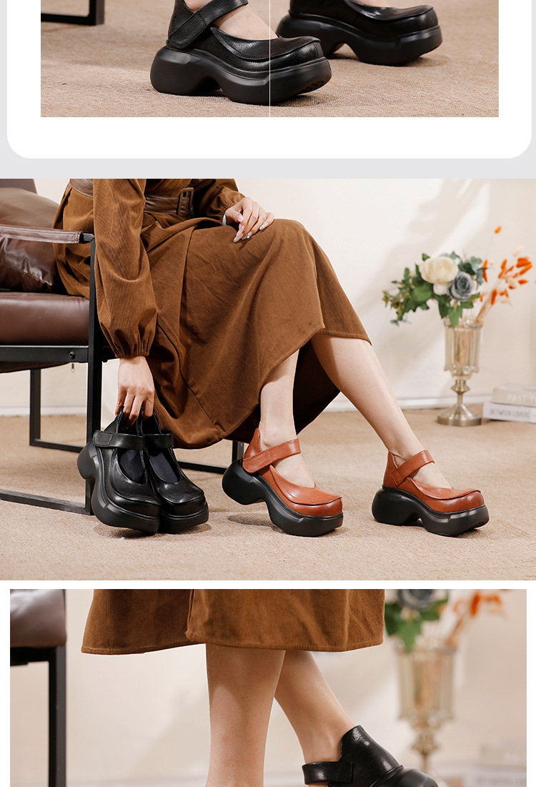 Giày cao gót nữ quai ngang một chữ đế xuồng, da bò cổ thấp — màu đen, Màu nâu