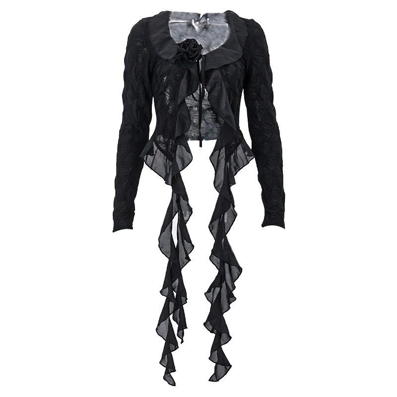Sheer Mesh Long Sleeve Cardigan Ruffled V Neck Tie Front Flared Hem Spring Fashion Layering Wholesale Available