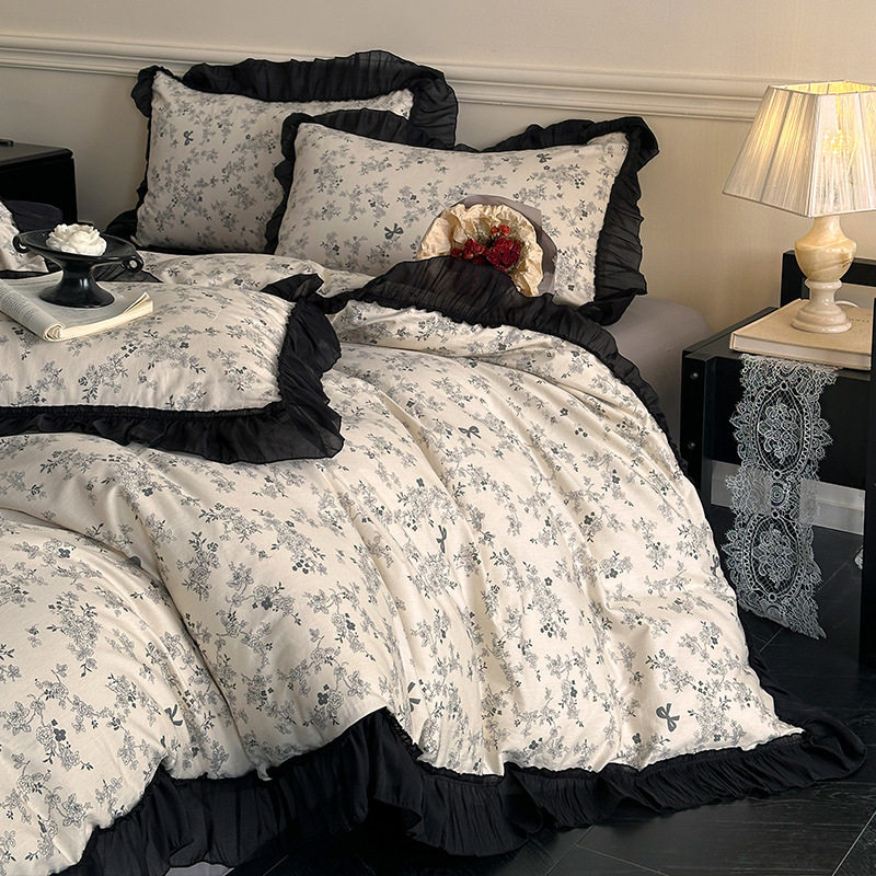 Cotton French Retro Four-piece Princess Style Lace Hepburn Style Cotton Student Dormitory Three-piece Quilt Cover Bed Sheet