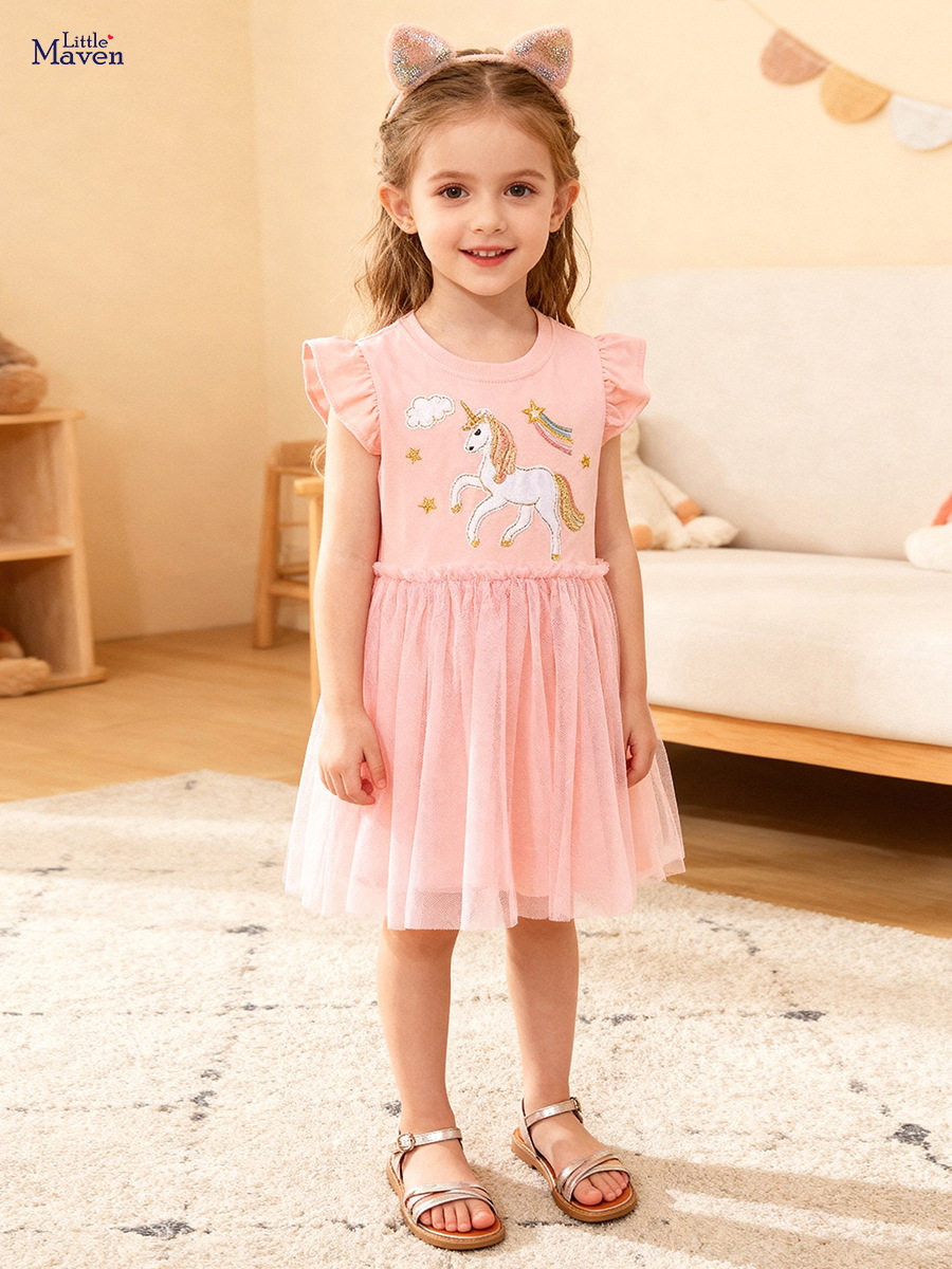 Girls' Short-sleeve Tulle Skirt, Summer Cute Baby Princess Dress, Cartoon Kids' Dress