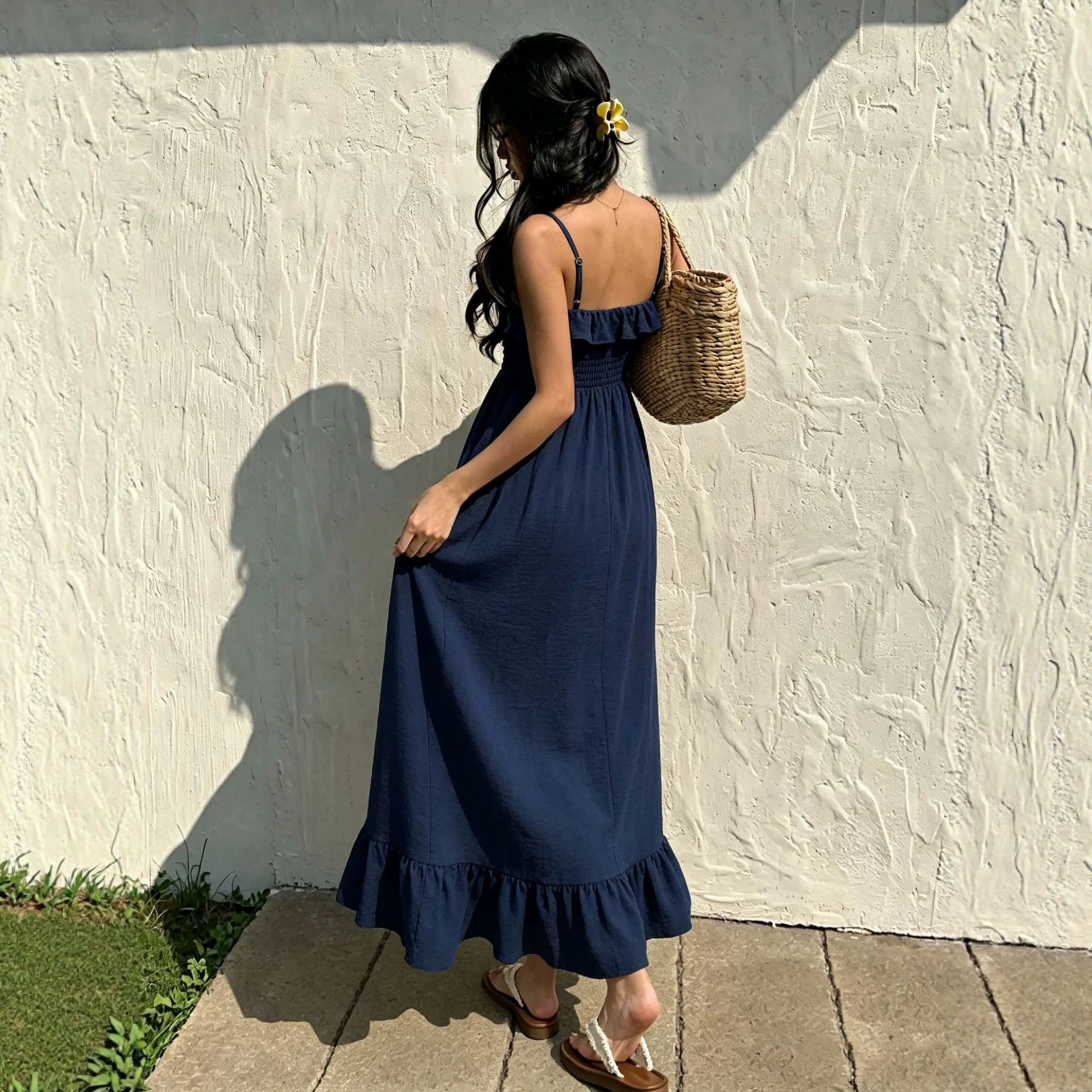 Ruffled Hem Maxi Dress Sleeveless Backless Waist Defining Summer Vacation Style Wholesale Available