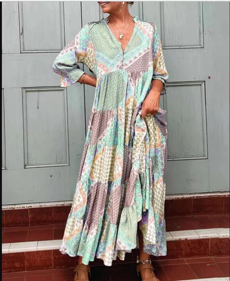 V Neck Color Block Casual Maxi Dress Summer Style Loose Fit Comfortable Fabric Wholesale Available
