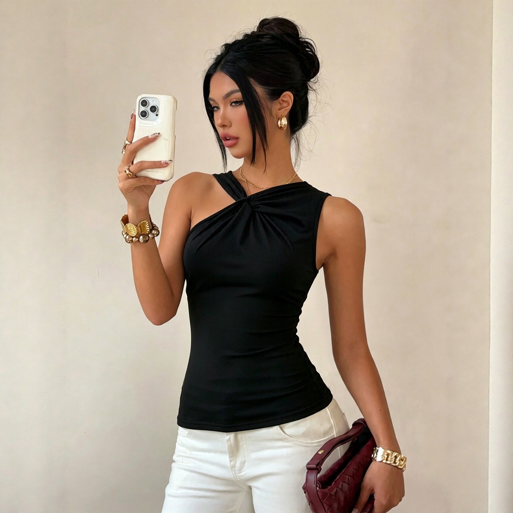 Twisted One Shoulder Sleeveless T Shirt for Women Summer Ruffled Slim Fit Solid Color Casual Wear Wholesale