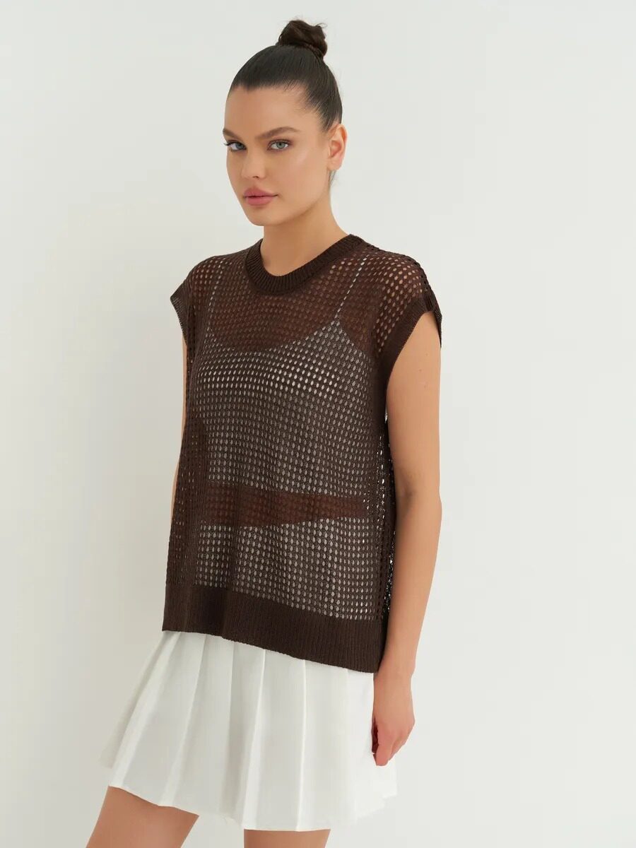 Lace Knit Sweater Vest Lightweight Sheer Round Neck Spring Summer Fall Fashion Wholesale Available