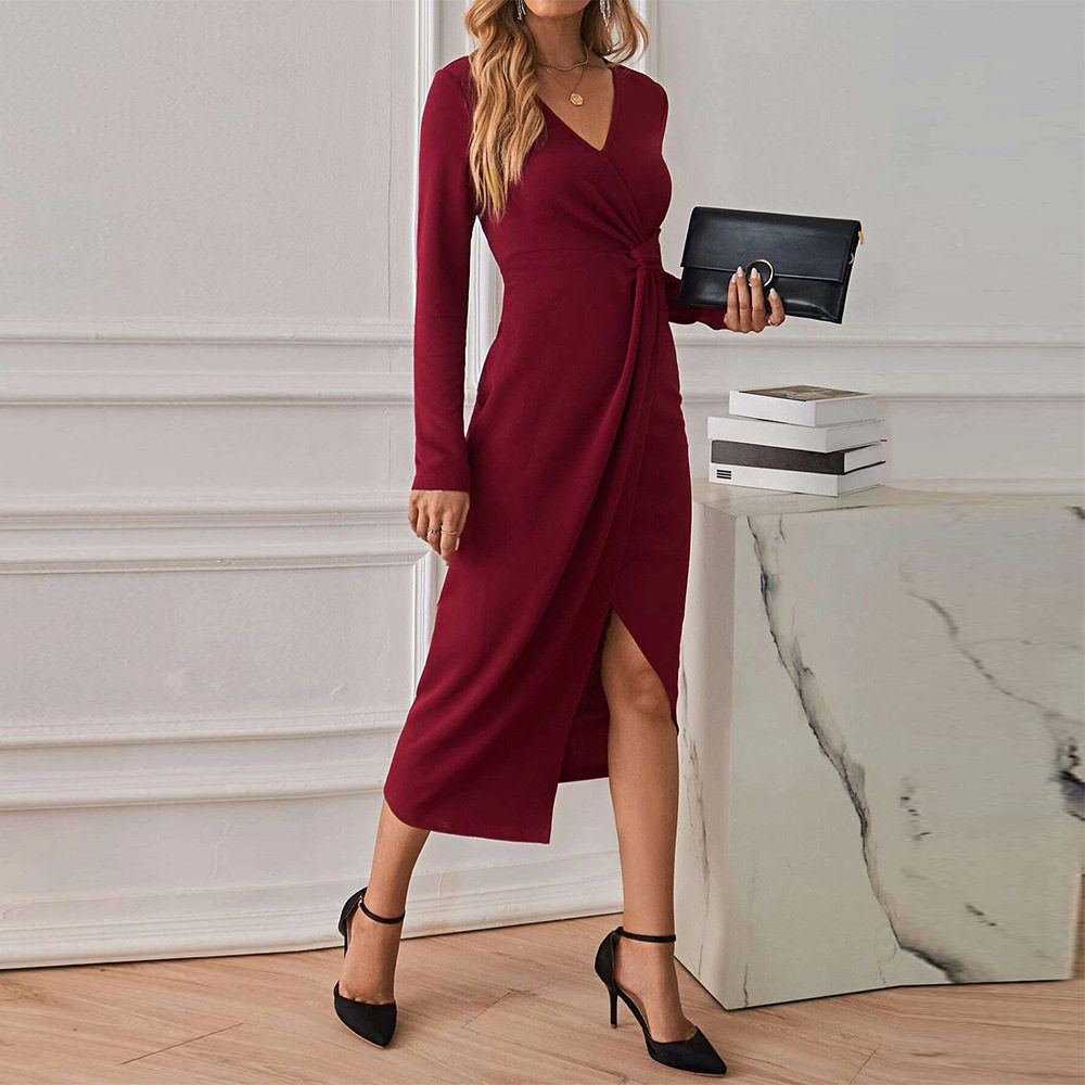 V Neck Midi Dress Elegant Long Sleeve High Slit French Style Perfect for Parties and Events Wholesale Available