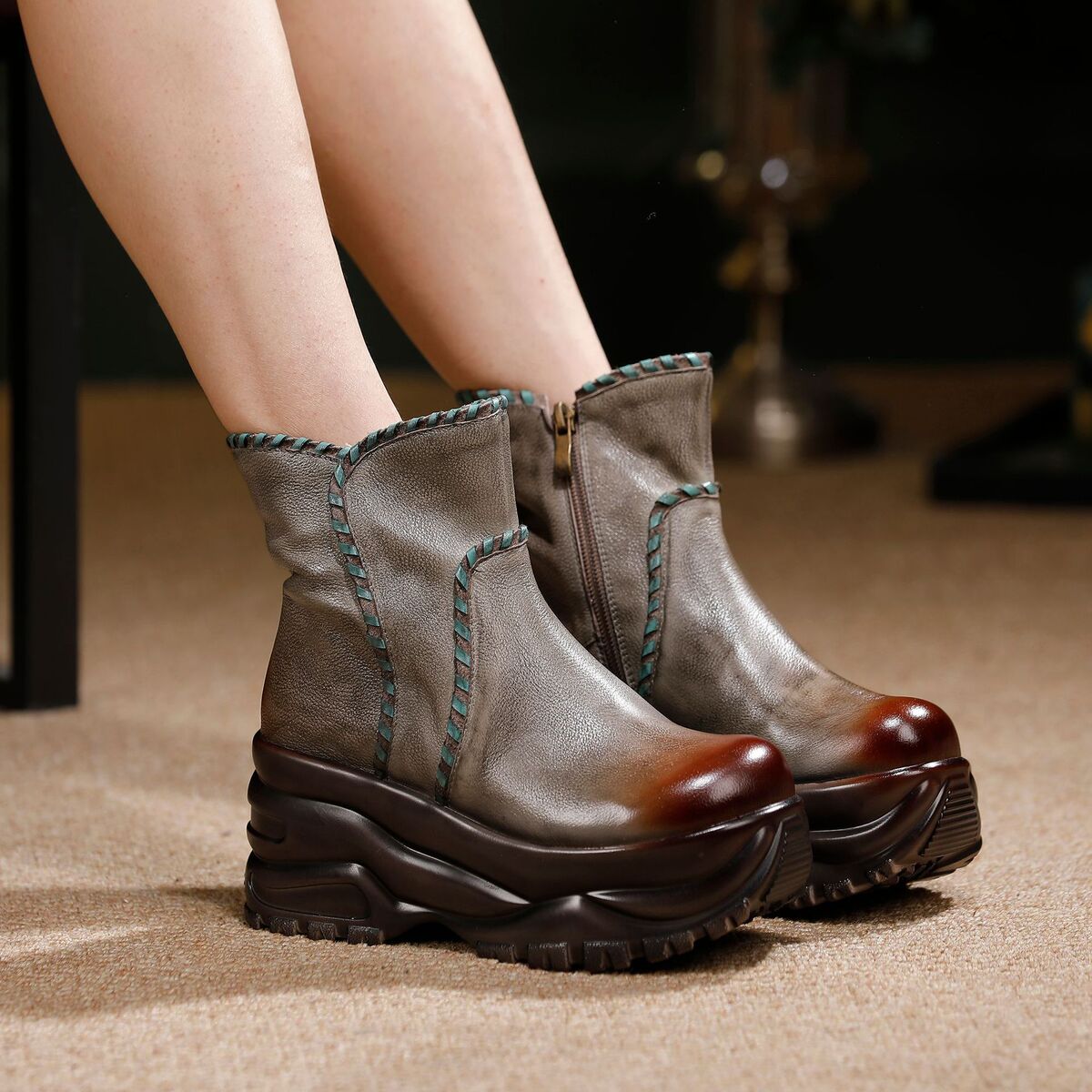 Boot nữ cổ thấp da bò thật đế dày phối màu phong cách cổ điển — màu xám, Rượu vang đỏ