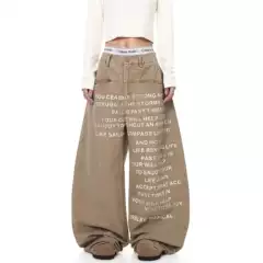 Plus-Size American Retro Spicy Girl Design Letter Print Jeans Women's Lazy Wide-Leg Loose Floor-Length Pants Trendy