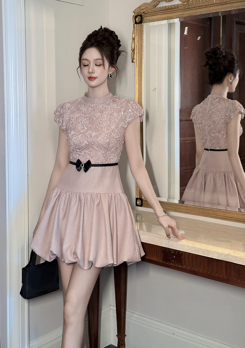 Đầm dự tiệc mùa hè ôm body tay bồng cổ tròn — [Hồng anh đào] chi tiết 6
