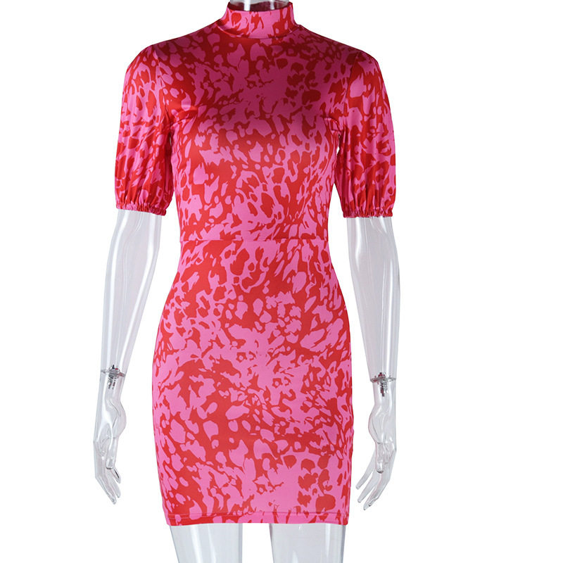 Fashionable Lantern Sleeve Mini Dress Stand Collar Printed Shoulder Pads Slim Fit Casual Summer Wear OEM Available