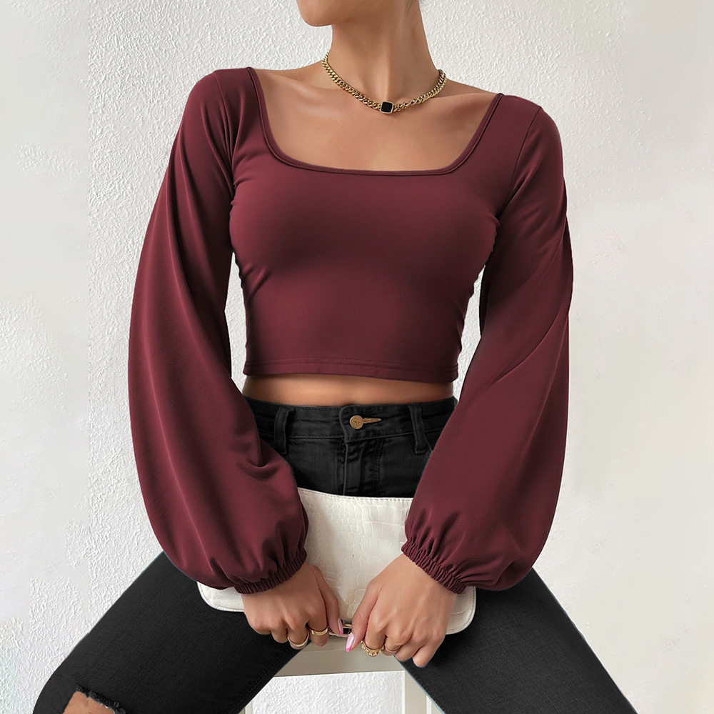 Wine Red Square Neck Short Knit Top for Women Long Sleeve Vintage Lantern Sleeves Slim Fit Spring Summer Casual Wear