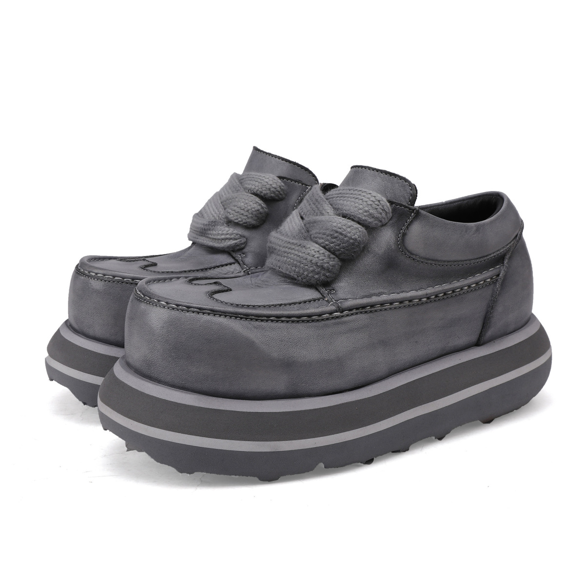Giày Derby nữ da bò thật đế dày cổ thấp phong cách cổ điển — Màu kaki, màu xám