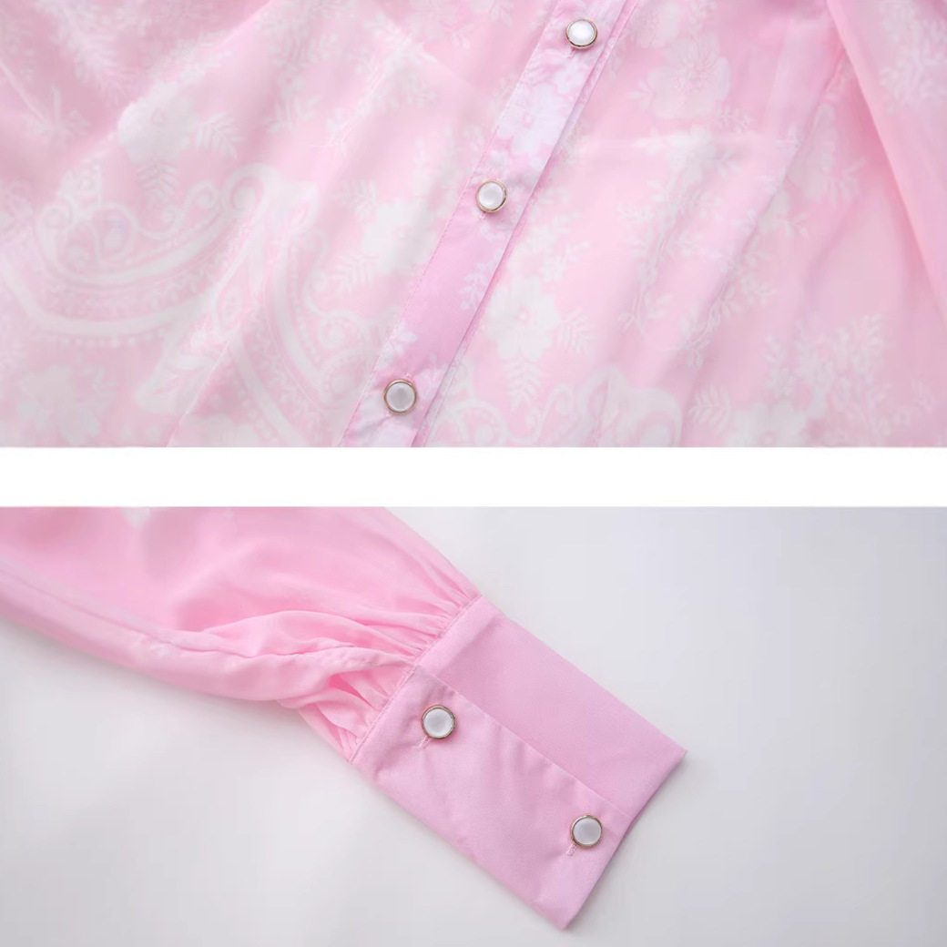 French Collar Lantern Sleeve Printed Dress for Women Summer Long Sleeve Waist Defined A Line Vacation Style