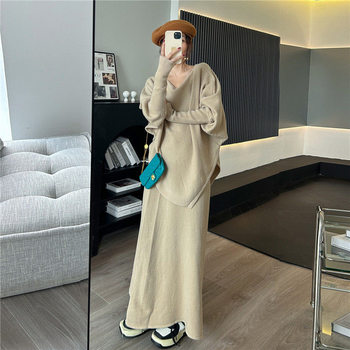 Cross-Border European and American Style Autumn and Winter New Loose Lazy Style Irregular Knitted Sweater Suit Women's Skirt Two-Piece Set