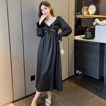 New Homewear Sexy Hem Lace Pajamas Lace Collar Bow Nightgown Women's Long Dress Simulated Silk Long Sleeves