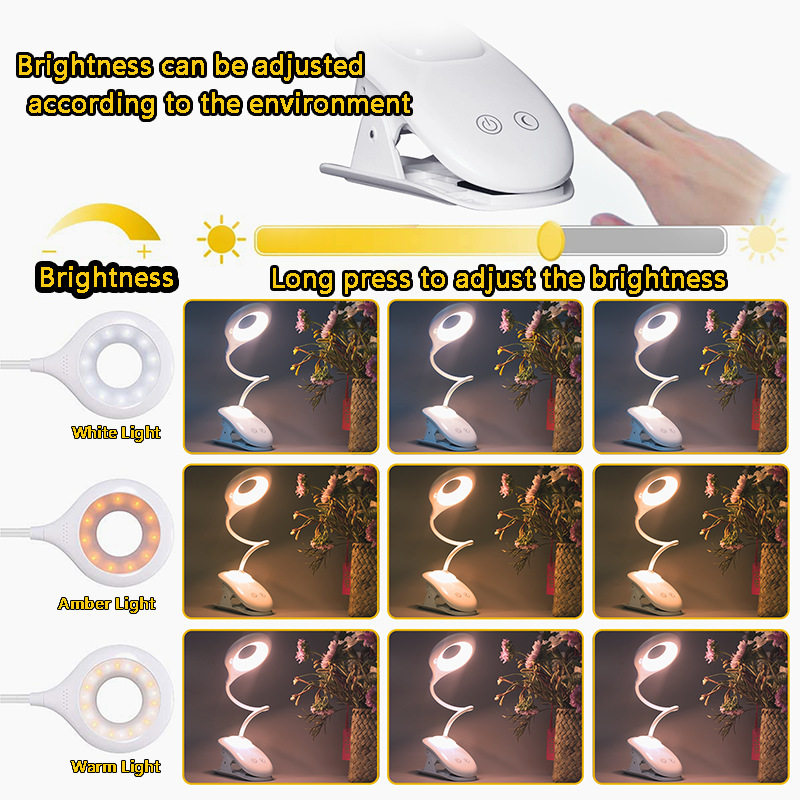 2000Mah Led Eye-Protection Clip-On Desk Lamp Amber Color Student USB Rechargeable Book Light with Adjustable Brightness Super Bright