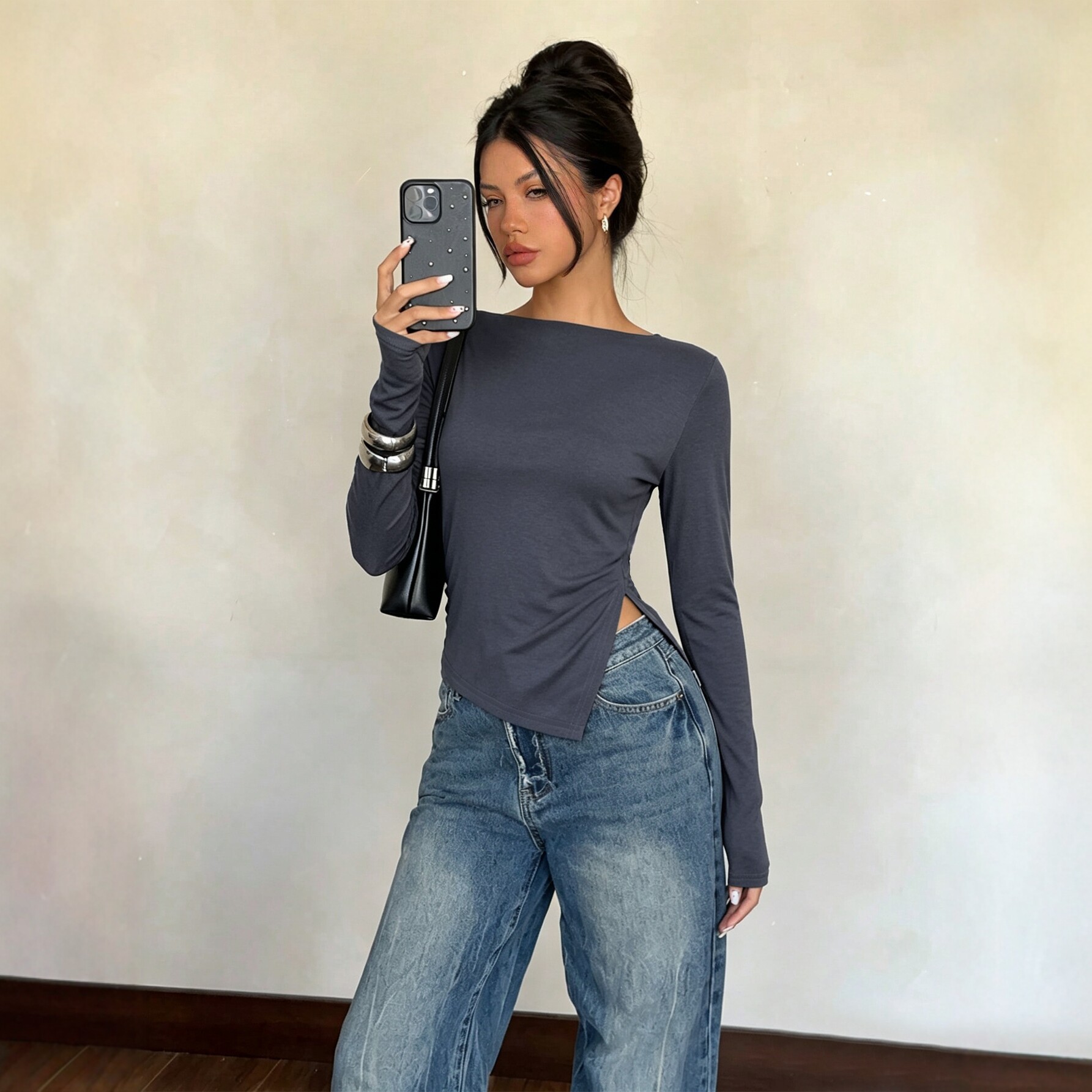 Off Shoulder Long Sleeve Top Slim Fit Backless Design Asymmetrical Hem Side Slit Casual Wear for Women OEM