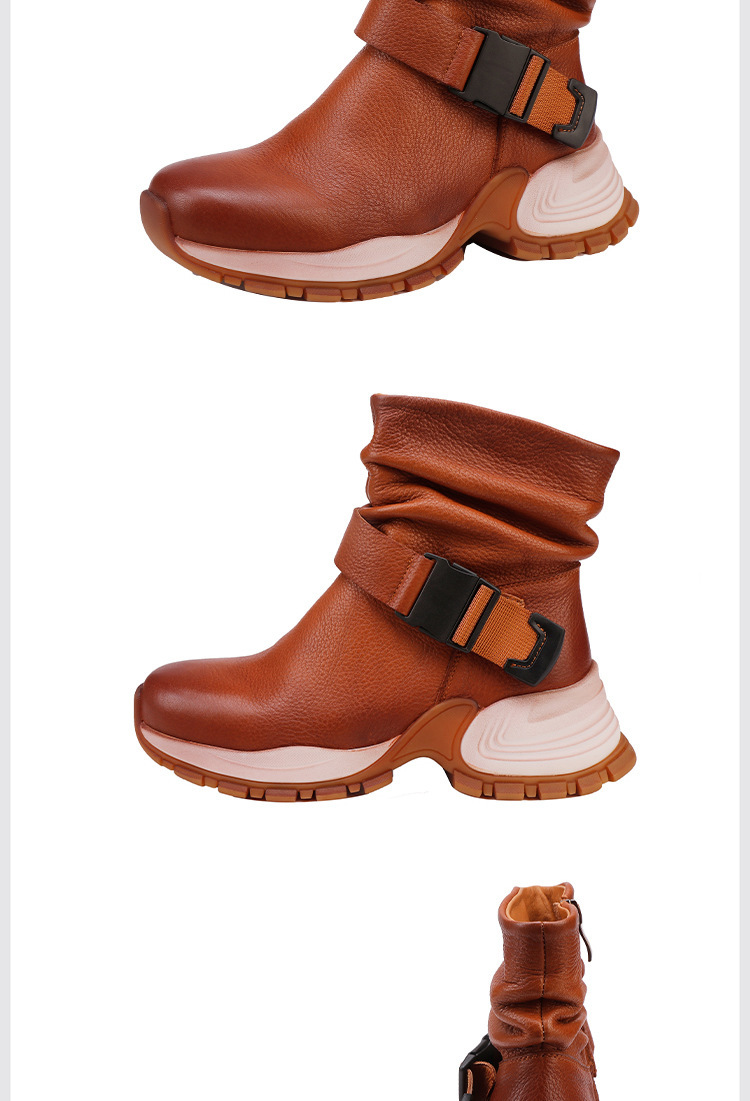 Boot nữ cổ thấp da bò thật phong cách thể thao, gót vuông khóa kéo bên — đen, nâu