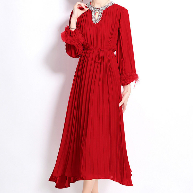 French Style Rhinestone Embellished Long Sleeve Dress Pleated Design Loose Fit Waist Tie Elegant Evening Wear