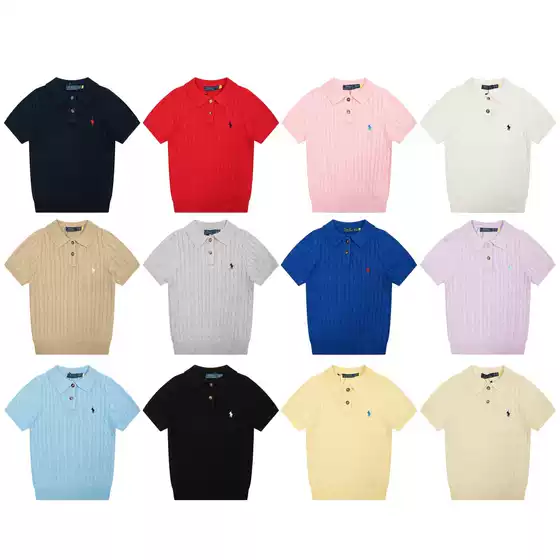 25 New High Version In Stock RL Pony Embroidery Two-Button Chunky Cable Knit Polo Collar Slim Fit Women's Short Sleeve T-Shirt