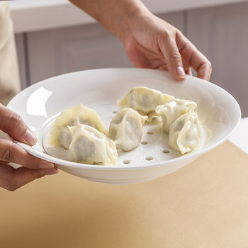 Pure White Bone China Dumpling Plate with Vinegar Dish Draining Double-layer Dish Steamed Dumpling Plate Household Dumpling Plate Draining Rape Plate Food Grade