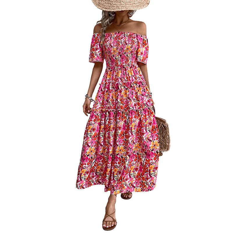 Bohemian Floral Print Dress Off Shoulder Puff Sleeves Elegant Design Perfect for Summer Events Wholesale Available