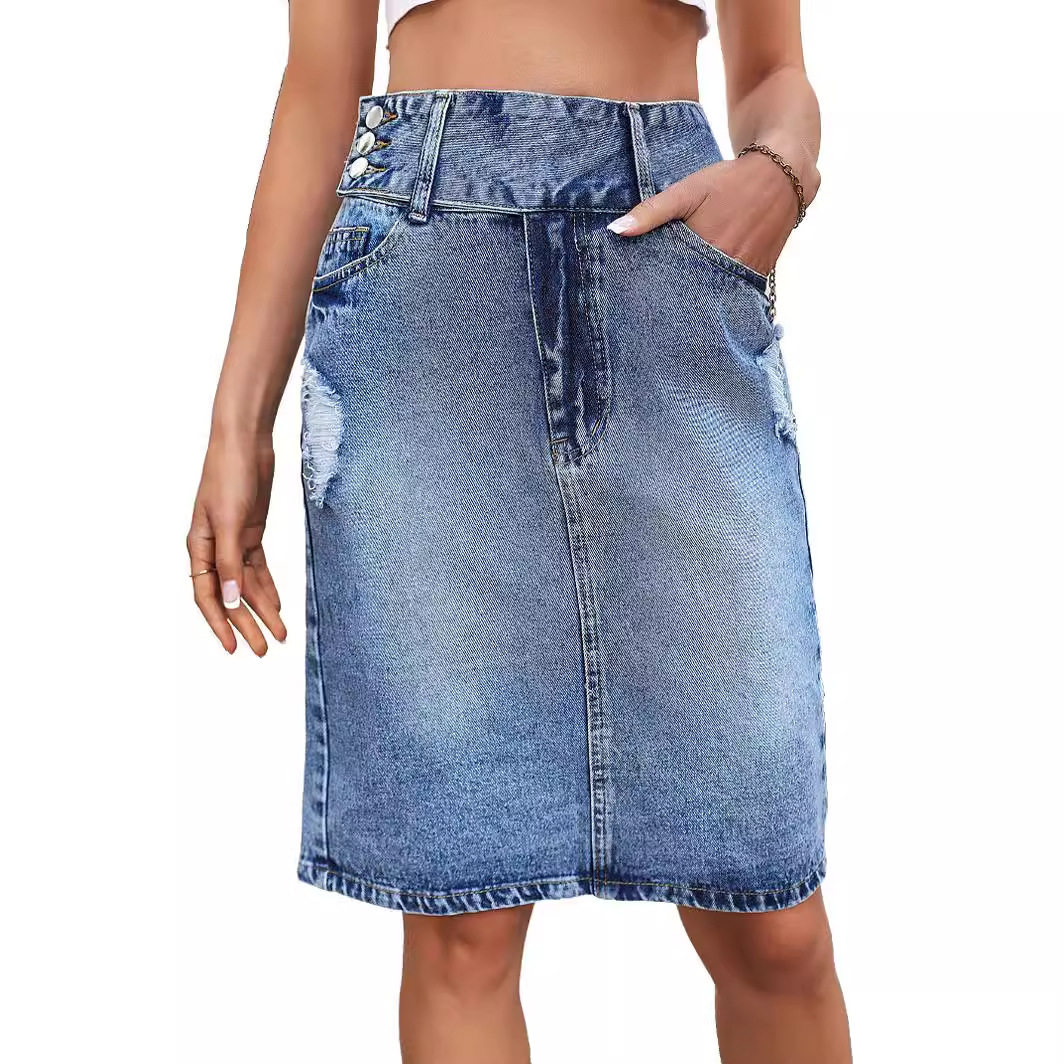 Fashionable Loose Denim Midi Skirt Womens Casual Style European and American Trend Perfect for Spring and Summer