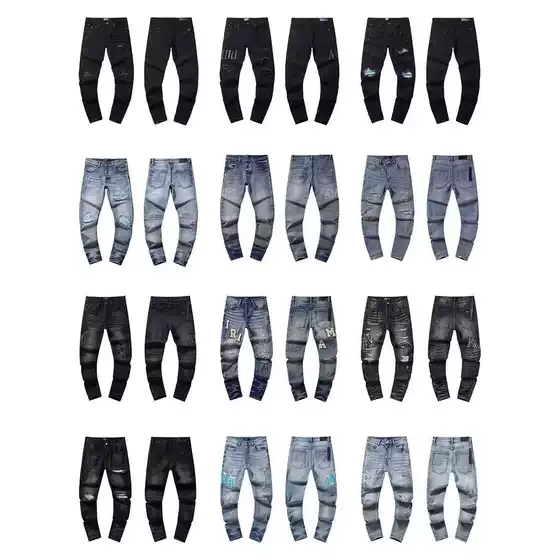 Cross-Border Wholesale Purple American High Street Ripped Patch Trendy Retro Straight-Leg Amiri Jeans Brand