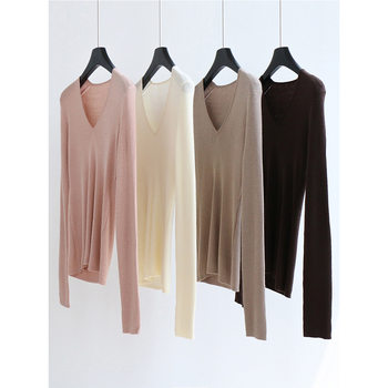 14-needle Pit Strip Wool Blended V Neck Knitwear Long-sleeved Bottoming Shirt Autumn and Winter Women's Pullover Pure Color Versatile Top
