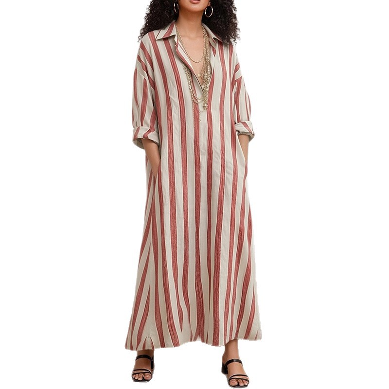 Womens Striped Maxi Dress Fashionable Casual Loose Fit V Neck Spring Summer Collection Wholesale Available