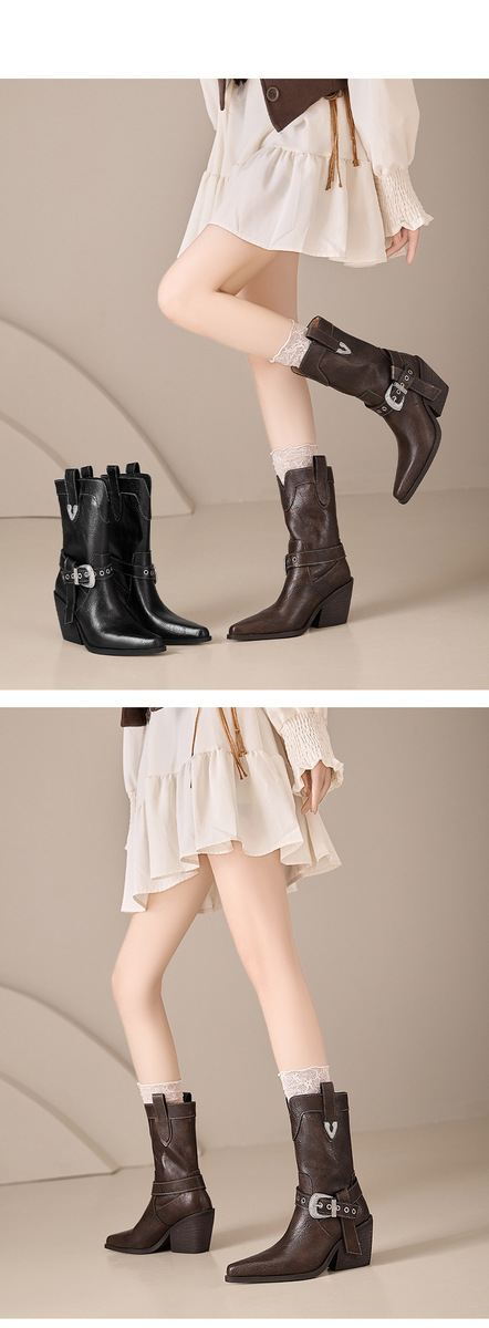 Boot nữ cổ thấp da bò gót xuồng mũi nhọn khóa thắt lưng — Lớp lót đơn màu đen, Lớp lót đơn màu nâu, Lót nhung đen, Lót nhung màu nâu