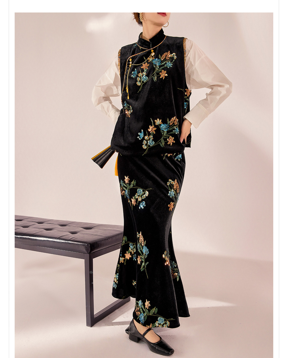 Bộ vest và chân váy dài dáng đuôi cá thêu hoa đính sequin sang trọng — Váy thêu (giao hàng trong 7 ngày), Váy thêu (giao hàng trong ngày), Áo vest thêu (giao hàng trong 7 ngày), Áo vest thêu (giao hàng trong ngày)