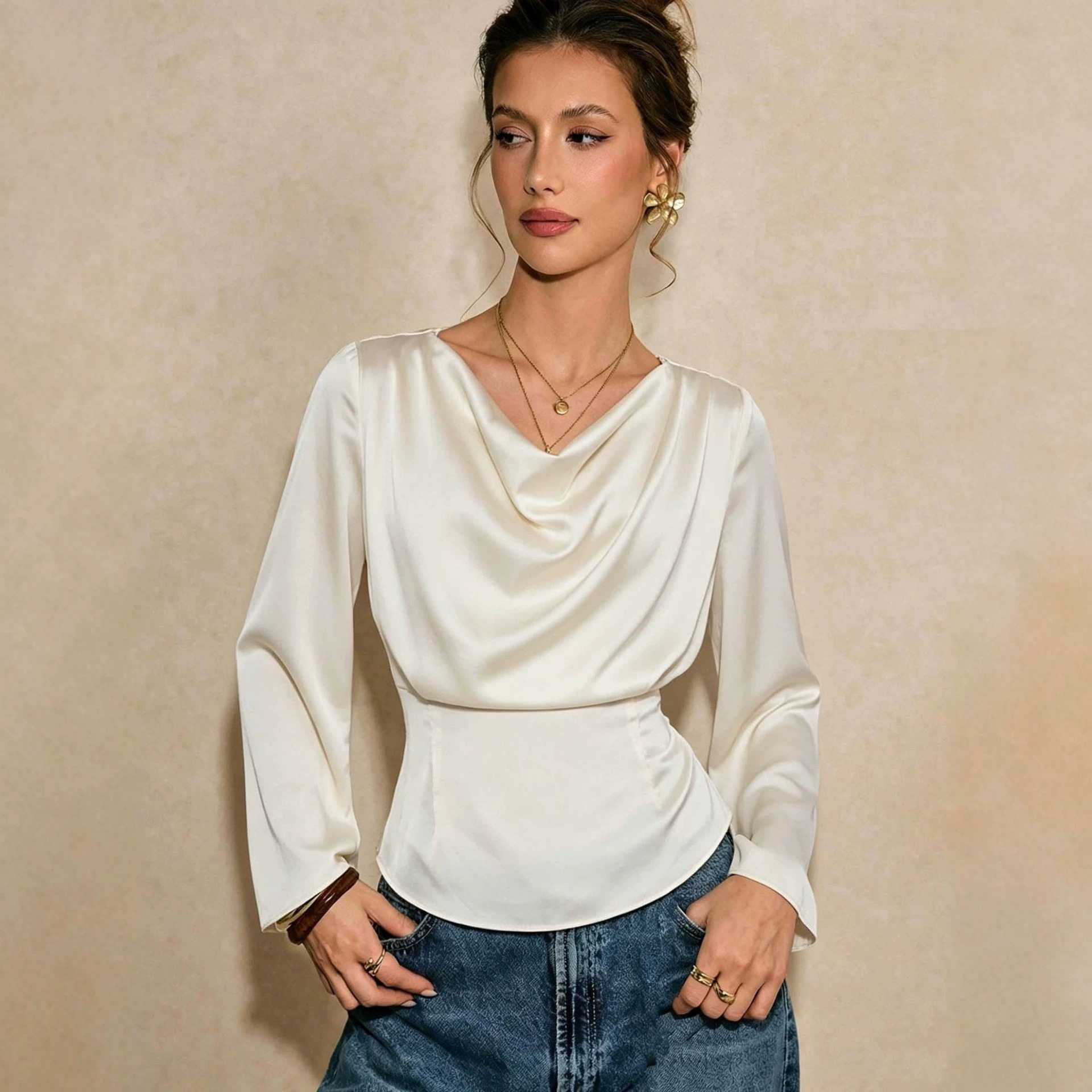 Satin Long Sleeve Blouse for Women V Neck Waist Tie Slim Fit Elegant Style Perfect for Casual or Formal Occasions